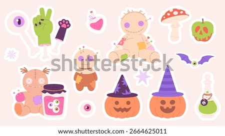 Halloween elements sticker pack. Cartoon bones, zombie hand, cat paw, voodoo dolls, poison bottles and spider web. Witchcraft set, vector clipart