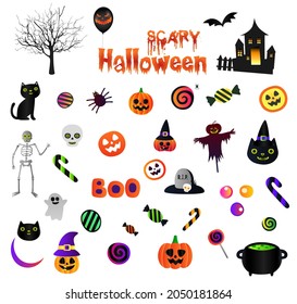 Halloween Elements Stickers. Scary, Tree, Old House, House, Cat, Candy, Spider, Pumpkin, Skeleton, Scarecrow, Boo, Cemetery, Cresent Moon, Witch Hat, Balloon, Halloween Typography