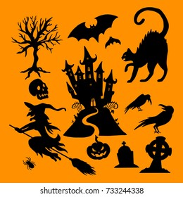 Halloween Elements Tree Bat Cat Skull Witch Spider Pumpkin Tombstone Crows Castle Scary