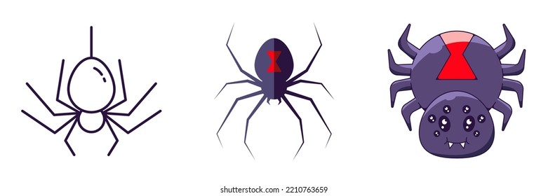 Halloween elements. Vector icon set of spider is drawn in line, flat and cartoon styles. Perfect for apps, books, articles, stores, shops, adverts 