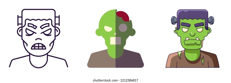 Halloween elements. Vector icon set of zombie drawn in line, flat and cartoon styles. Perfect for apps, books, articles, stores, shops, adverts 
