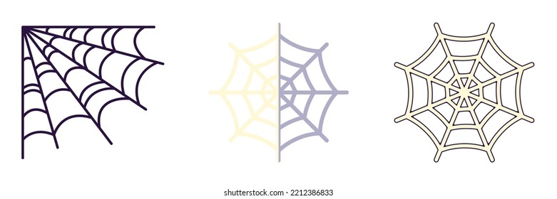 Halloween elements. Vector icon set of spider web is drawn in line, flat and cartoon styles. Perfect for apps, books, articles, stores, shops, adverts 