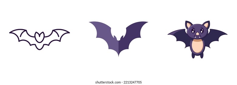 Halloween elements. Vector icon set of bat is drawn in line, flat and cartoon styles. Perfect for apps, books, articles, stores, shops, adverts