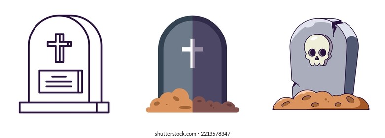 Halloween elements. Vector icon set of gravestone is drawn in line, flat and cartoon styles. Perfect for apps, books, articles, stores, shops, adverts 