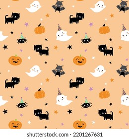 Halloween elements, vector seamless pattern with bats, cats, ghosts, pumpkins and spiders