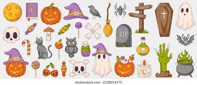 Halloween-Elemente, Vektorsatz. Nette Illustrationen Sammlung von gespenstischen Geist, Kürbis, Süßigkeiten, Zauberbuch, Hexenhut, Schädel, Knochen, Zombie-Hand. Symbole mit editierbarem Strich für Dekoration, Druck, Party