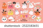 Halloween elements vector set design. Happy halloween trick or treat colorful decoration festive spooky elements with cute ghost and funny pumpkin character in pink background. Vector illustration 