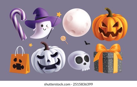 Halloween elements vector set design. Halloween ghost, pumpkins, full moon, skull, gift box and paper bag elements collection in isolated background. Vector illustration horror scary elements. 
