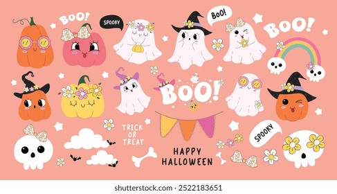 Halloween Elemente Vektorsatz Design. Fröhlicher Halloween-Trick oder bunte Dekoration festlich gespenstische Elemente mit niedlichen Geist und lustigen Kürbis-Charakter auf rosafarbenem Hintergrund zu behandeln. Vektorgrafik 