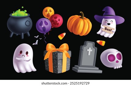 Halloween elements vector set design. Halloween 3d elements like ghost, pumpkin, balloons, gift box, skull and grave stone icon collection isolated in black background. Vector illustration horror 