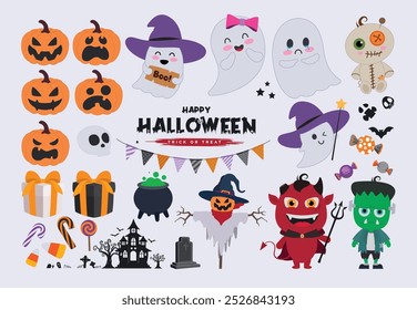 Elementos de Halloween conjunto de vetores design. Feliz halloween texto com abóboras, fantasma, demônio, monstro, caixa de presente decoração elementos coleção plana isolado em fundo branco. Ilustração vetorial