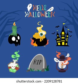Halloween elements vector,Candle on skull,Witch's potions cauldron,Castle,Potions, Rip Gravestone and Lantern with Blue background.
