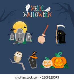 Halloween-Elemente, Vektorgrafik, Rip Gravestone, Broom, Geist, Schale, weißer und orangefarbener Kürbis mit dunklem mariniertem Hintergrund.