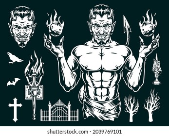 Halloween elements vintage monochrome concept with evil horned devil and fireballs burning candle and medieval torch dry trees crow bat cross hell gate silhouettes isolated vector illustration