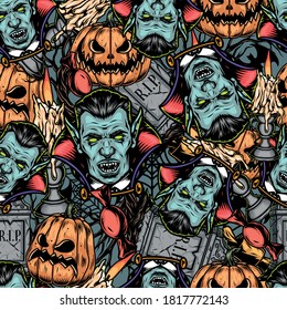 Halloween elements vintage seamless pattern with vampire heads scary pumpkins tombstones bonbon candies burning candles in candlesticks vector illustration