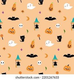 Halloween elements: witch, cat, ghost, pumpkin, candy, bat. Vector seamless pattern