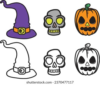 Halloween elements.  Witch's hat, skull, and pumpkin. Doodles art for greeting cards, invitations, or posters. Coloring book for adults and kids.