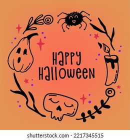 Halloween Elements Wreath Made In Vector. Unique Decoration For Greeting Card, Party Invitation. 