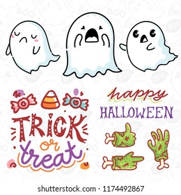 Halloween elements for your design concept with cute illustrations and characters and lettering text. Hand drawn art objects in cartoon style