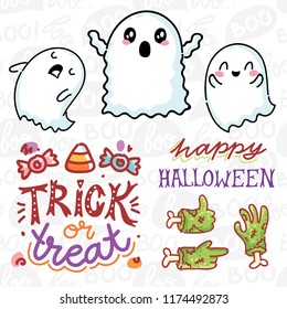 Halloween elements for your design concept with cute illustrations and characters and lettering text. Hand drawn art objects in cartoon style