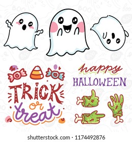 Halloween elements for your design concept with cute illustrations and characters and lettering text. Hand drawn art objects in cartoon style