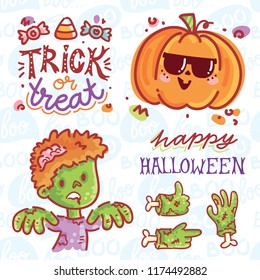 Halloween elements for your design concept with cute illustrations and characters and lettering text. Hand drawn art objects in cartoon style