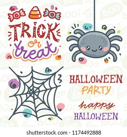 Halloween elements for your design concept with cute illustrations and characters and lettering text. Hand drawn art objects in cartoon style