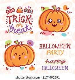 Halloween elements for your design concept with cute illustrations and characters and lettering text. Hand drawn art objects in cartoon style