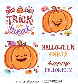 Halloween elements for your design concept with cute illustrations and characters and lettering text. Hand drawn art objects in cartoon style