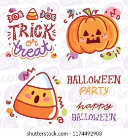 Halloween elements for your design concept with cute illustrations and characters and lettering text. Hand drawn art objects in cartoon style