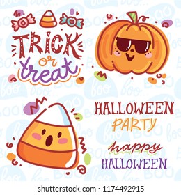 Halloween elements for your design concept with cute illustrations and characters and lettering text. Hand drawn art objects in cartoon style