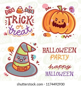 Halloween elements for your design concept with cute illustrations and characters and lettering text. Hand drawn art objects in cartoon style