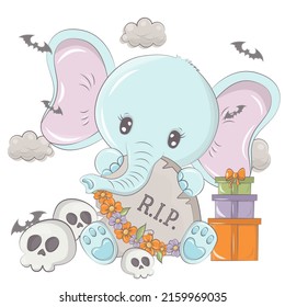 Halloween elephant with cartoon skulls. Vector illustration of Halloween animal. Cute little illustration Halloween elephant for kids, fairy tales, covers, baby shower, textile t-shirt, baby book.