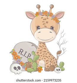 Halloween elephant with cartoon skulls. Vector illustration of Halloween animal. Cute little illustration Halloween elephant for kids, fairy tales, covers, baby shower, textile t-shirt, baby book.