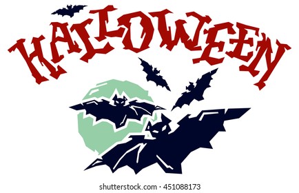 "Halloween" emblem with bats. Original written word for greeting cards and invitations. Vector clip art.