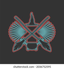 Halloween emblem with broomsticks, witch hat and caldron