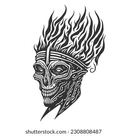 The Halloween emblem features the mystical transformation of an Egyptian pharaoh's skull into a living mummy, with hair ablaze in fiery flames