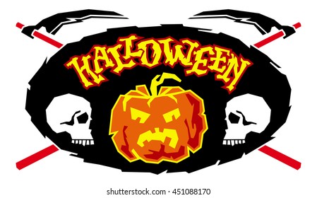 "Halloween" emblem with pumpkins and skulls. Original written word for greeting cards and invitations. Vector clip art.