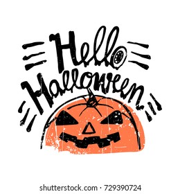 Halloween emblem. Vector hand drawn logo illustration design with pumpkin.