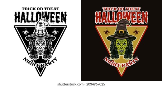 Halloween emblem with witch head two styles black on white and colorful on dark background vector illustration
