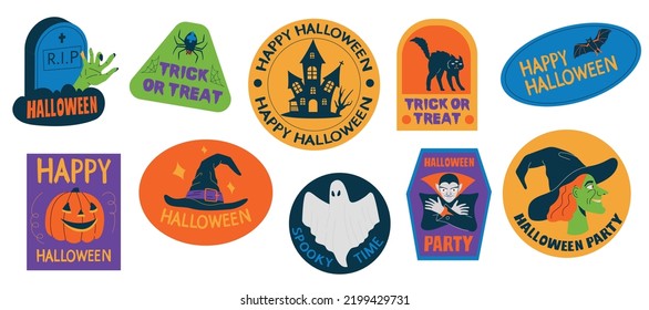 Halloween emblems. Cartoon labels with traditional horror symbols and characters, scary spooky stickers for invitation greeting card poster logo. Vector set with vapor, witch and ghost
