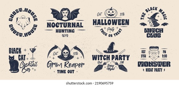 Halloween emblems. Ghost, Witch, Vampire emblems. Halloween design. Retro prints for T-shirt, typography. Vector illustration