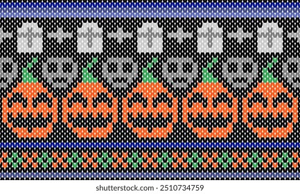 Halloween Stickerei Muster. Farbiger Hintergrund Gewebtes Garn stricken Vektor nahtloses Muster. Textilien. Gestricktes Texturschmuck aus Stoff. Faden Strickmode Muster. Traditionelles Häkeln nordisch 