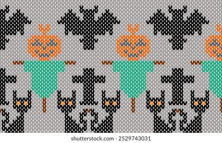  Patrón de bordado de Halloween. Fondo colorido Tejido de hilo de punto de Vector sin patrón. textil. Adorno de textura de tela tejida artesanal. Patrón de moda de tejido de hilo. Ganchillo nórdico tradicional