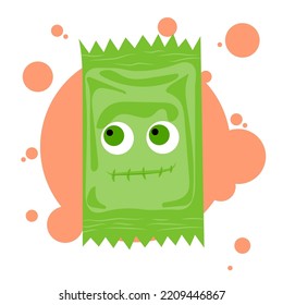 Halloween Emoji of candy monster frankenstein. Smile and naughty face . Trick or treat. Vector illustration for greeting card, ad, promotion, poster, flyer