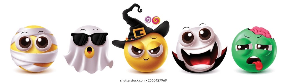 Halloween emoji characters vector set. Emojis scary halloween clip art character like mummy, ghost, witch, vampire and zombie in scary mascot costume graphic design elements. Vector illustration 