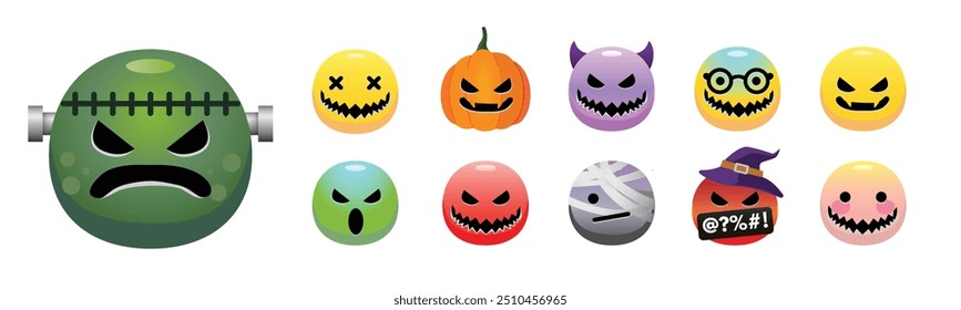 Halloween emoji collection illustrate with cute various face and expression of the monster characters in halloween. Cartoon illustration and isolated in white background.