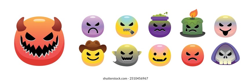 Halloween emoji collection illustrate with cute various face and expression of the monster characters in halloween. Cartoon illustration and isolated in white background.