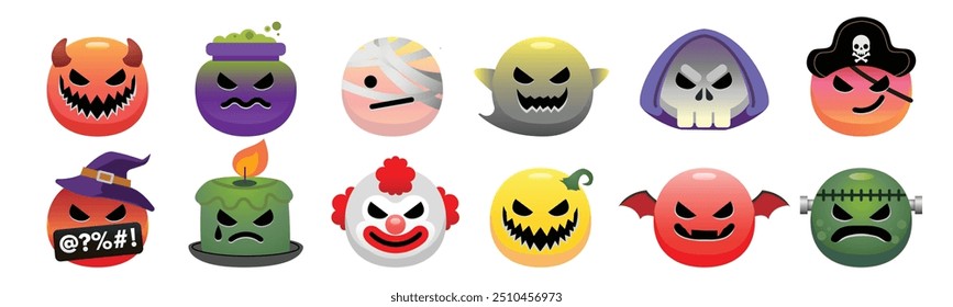 Halloween emoji collection illustrate with cute various face and expression of the monster characters in halloween. Cartoon illustration and isolated in white background.