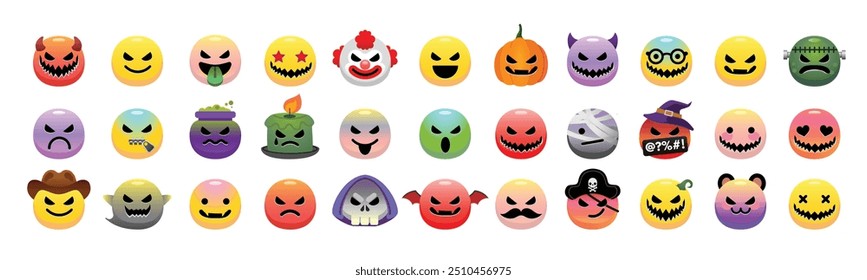 La colección de emojis de Halloween ilustra con la cara y la expresión lindas de varios personajes monstruosos en halloween. Ilustración de dibujos animados y aislado en el fondo blanco.